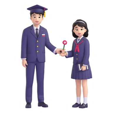 Japanese male high school student giving second uniform button to girl during graduation confession sticker