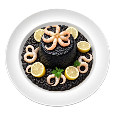 cinematic-realistic-black-risotto-dish,-showcasing-small squid pieces-rendered-with-bold-textures-and-dynamic,-dramatic-lighting in a white plate with a grilled lemon on top sticker