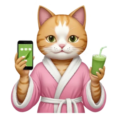 I want a CAT whit a iced macha on her paw and i want her to ne wearing a pink bath rope And she will have a  white face mask on her face and phone on the opisite paw whit the macha sticker