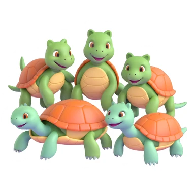 cartoon style emoji showing four turtles together, two regular turtles and two cat-turtle hybrids sticker