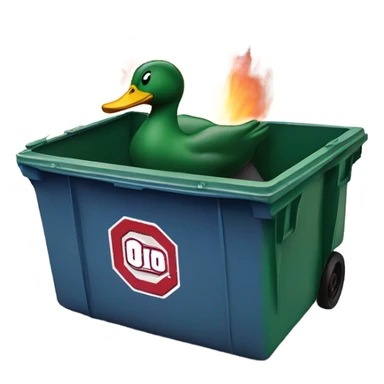 oregon duck in a dumpster fire with the ohio state university logo on the dumpster sticker