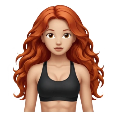 Athletic girl with long light red wavy hair and smaller boobs bigger arms. middle part and black sports bra, long hair sticker