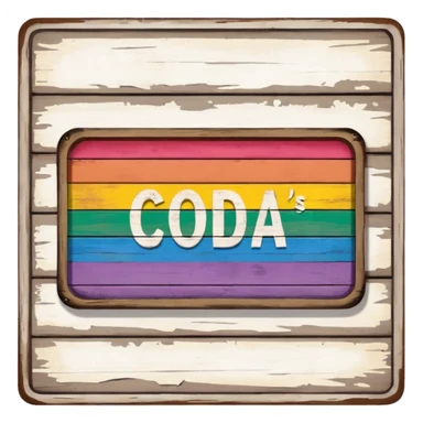a wooden sign that says "Coda's Gay" sticker