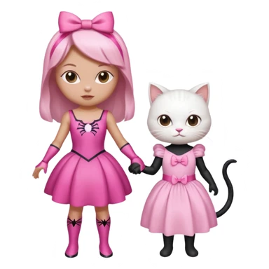 A spider-themed superhero character holding hands with a cute white cat character in a pink dress and a pink bow sticker