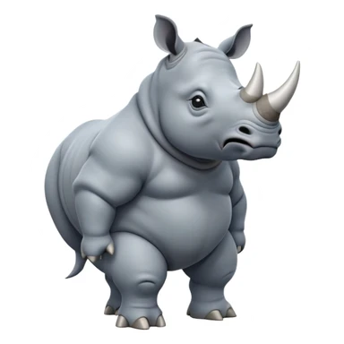 cinematic-rhino-full-body-standing-emoji,white horn, slate grey/blue skin -massive-body-poised-powerfully,-thick-horn-curving-slightly-forward,-head-tilted-dramatically,-rough-grey-hide-covered-in-dust,-simplified-focused-features, large cute black eyes sticker