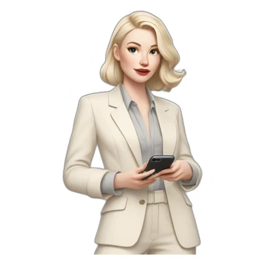 pale skin woman with ash blonde Straightened bob Hair, White Spacious classical jacket, beige palazzo Arrow pants and gray blouse holding white IPhone 14 pro in the hands sticker