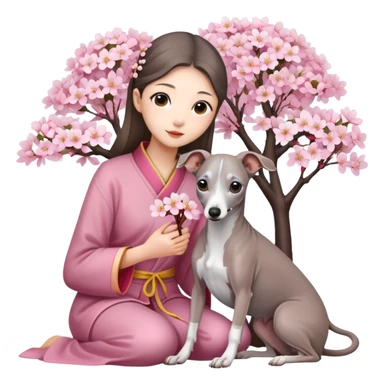 A young Chinese girl and a grey Italian Greyhound sitting under a cherry blossom tree sticker