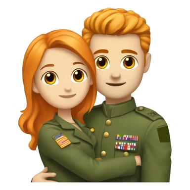a orange hair girl hugs, a dark haired white man in a green military uniform sticker