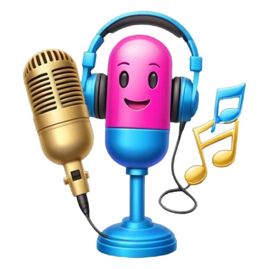 Create a vibrant and energetic emoji that represents pop or stage vocal performance. The design should feature a microphone, a set of musical notes, and a spotlight or stage lighting to symbolize the performance aspect of pop singing. Add elements like studio headphones, a music mixer, or a soundboard to reflect the modern, studio-based nature of pop vocal performance. Use bright colors like neon pink, electric blue, and gold to convey energy, creativity, and the glamour of the stage. The background should be transparent. sticker