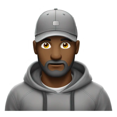 Hombre de tez clara, con ojos claros, barba fina, sin bigote, gorra negra bordada, y sudadera gris. Expresión relajada y estilo urban sticker