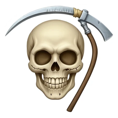 A laughing skull with a scythe crossed behind it, one eye socket winking. Clean, stylized lines, flat vector. Medieval woodcut style. Black and white with one accent color (tarnished silver). No background. sticker