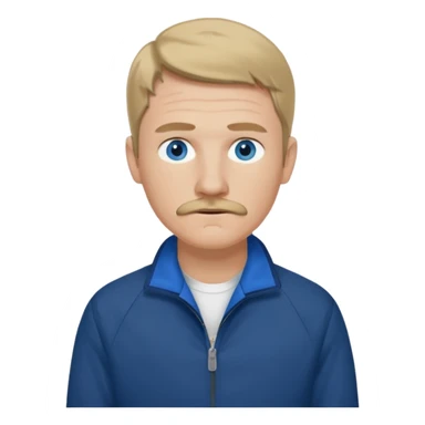 Coach Heider from Mysterious Skin with blue eyes, dark blonde hair and thin mustache, dark blue shirt, white jacket sticker