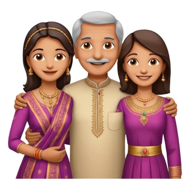 Indian family with a 70 years old father and mother and a 40 years old daughter. They wear a traditional dress. They are smiling. sticker