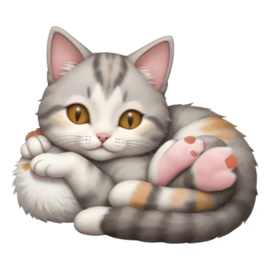 grey and white small cat with eyes closed lying down upside down with its head resting own paw sticker