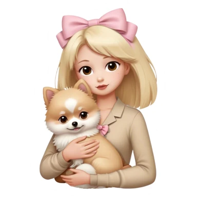 Blond girl with old money beige outfit white brown eye skin with boy brown hair brown eyes hugging white Pomeranian with light pink bow ponerania another pomerania red brown sticker