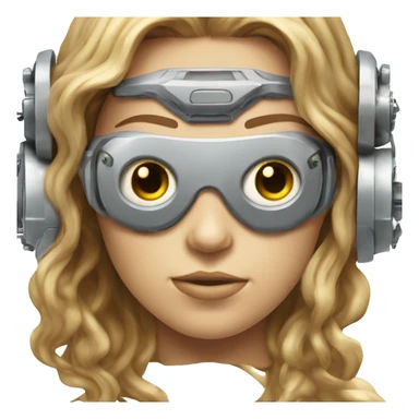 female cyborg head, fair skin, Brown long hair with blonde steaks, space age goggles and circuits sticker
