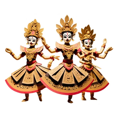 ​Cinematic Realistic Wayang Golek Ayun-ayun Dancers, depicted as intricately carved traditional wooden puppets in dynamic dance poses, adorned with vibrant painted details and expressive features, set against a softly lit stage that evokes centuries of Indonesian cultural heritage, rendered with lifelike textures and dramatic atmospheric lighting, sticker