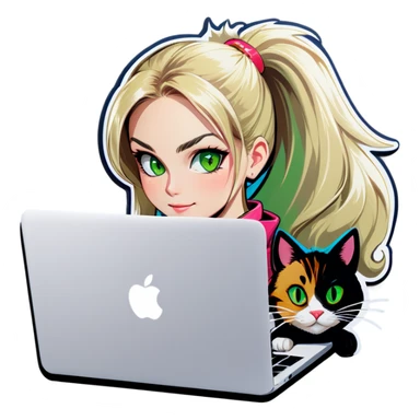 Blonde woman ponytail green eyes with cat and MacBook sticker