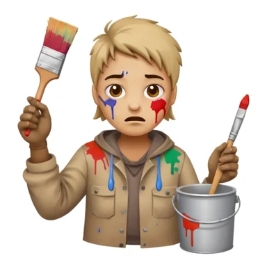 frustrated amateur painter emoji wearing dirty oversized clothes with paint stains, no protective gear, holding a broken brush, paint splatters on face and hands, messy room sticker