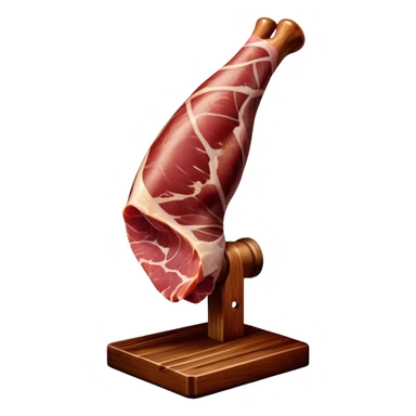 ​Cinematic Realistic Spanish Jamón Leg, depicted as a massive, cured leg of Jamón serrano (ham) with a deep reddish-brown hue, intricately marbled and slightly glossy with age, elegantly displayed on a rustic wooden stand and bathed in warm, soft lighting that accentuates its artisanal heritage, sticker