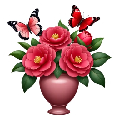 Majestic butterfly with Cherry Red and Dark Garnet wings fluttering above a Lush Red bouquet of Camellias in a Romantic Dusty Pink vase, with subtle golden light enhancing the scene. sticker
