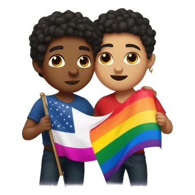 gay fat mexican boy with low taper fade hair cut kissing another gay mexican boy with long curly hair french style while holding pride flag sticker