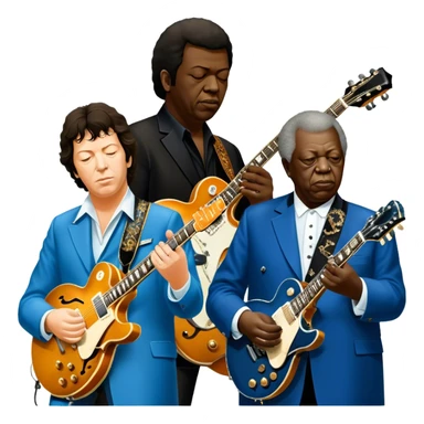 Icon for Blues Music: close-up collage of legendary blues artists. Gary Moore, Eric Clapton, B.B. King and Joe Cocker. Represented by silhouettes or symbolic items like guitars, microphones, or music notes, reflecting the soulful energy of blues music. Transparent background. sticker