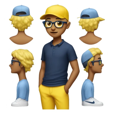 15 year old boy growing yellow hair & yellow eyebrows, wearing polo navy blue t shirt, yellow cap, rayban glasses, light blue pants, black nike gaming shoes, headphones, apple watch & holding iPhone sticker