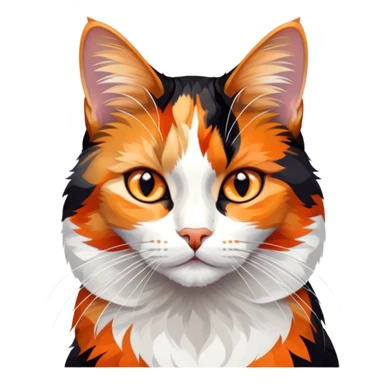 cinematic-noble-calico-cat-portrait-emoji,-poised-and-regal,-with-a-striking-patchwork-fur-in-vibrant-orange,-black,-and-white-hues premoninantly black,-delicate-whiskers-and-a-refined,-relaxed-gaze,-simplified-yet-exquisitely-detailed,-glowing sticker