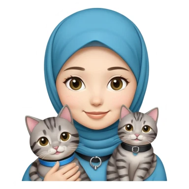 Asian White girl wearing cute hijab holding a black grey tabby cat while smiling. The cat is wearing a blue collar sticker