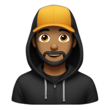 A guy wearing a black hoodie and a black cap He has a beard sticker