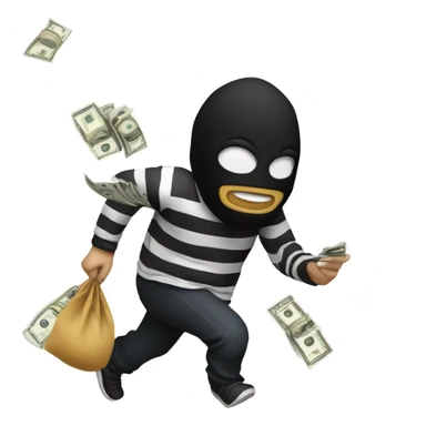 Robber running away with striped shirt and black mask, holding a money bag with some slips behind of cash sticker