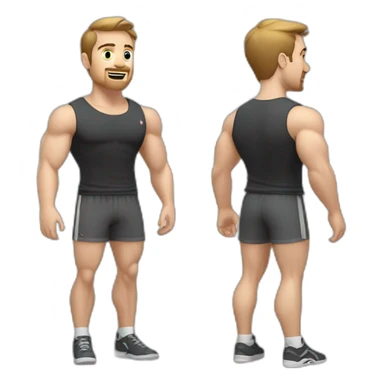 Full height Actively gesturing with hands Pale skinned Fit Man With the biceps and brown hair in dark gray Sleeveless Mike, black oversize sports shorts, watch and white Sneakers sticker