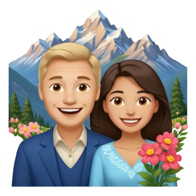 Couple  laughing traveling russian man and elegant  Latina girl delicate flowers and mountains in the background  sticker