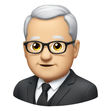 Chubby man of about 60 years of age with a bald shin. Small round glasses and dark eyes. Grey hair and a double chin. Chubby pointed nose. He wears a black suit with waistcoat, jacket and tie. sticker