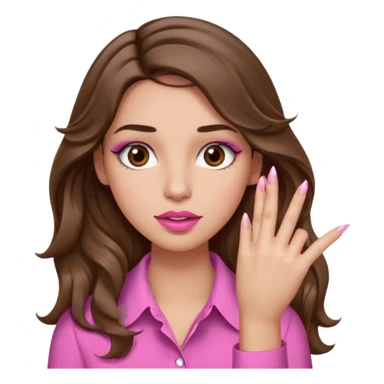girl with long wavy brown hair, brown eyes, light to medium complexion, in a pink shirt, pink lips, long lashes, puckered lips,  showing  long finger nails sticker