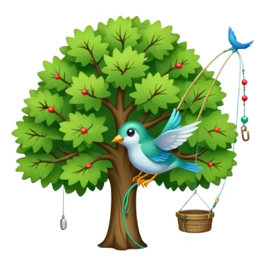 A small bird hooked to fishing line dangling from a tree sticker