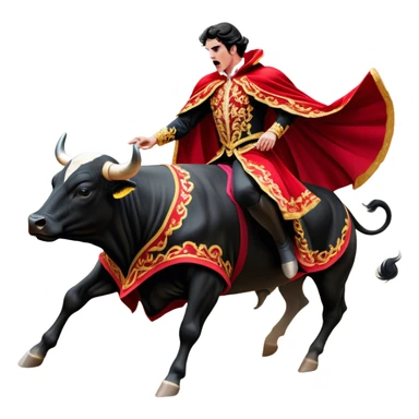 ​Cinematic Realistic Spanish Matador in Action, depicted in an ornate traje de luces with a flowing red cape, captured in the dramatic moment of confronting a charging bull in a traditional bullring, rendered with dynamic motion and dramatic lighting that encapsulates the intensity and artistry of the spectacle, sticker