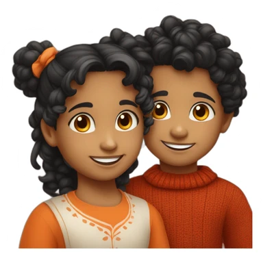 smiling 3 years old indian girl with black curly hair in pigtails wearing a orange dress with a smiling 3 years old indian boy with black hair wearing a dark red sweater sticker