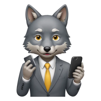 wolf in business attire with worried expression and phone, emoji style sticker
