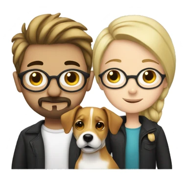  blonde girl without glasses and a white boy with glasses, a little Beard and moustache, both cuddling a jack Russell sticker