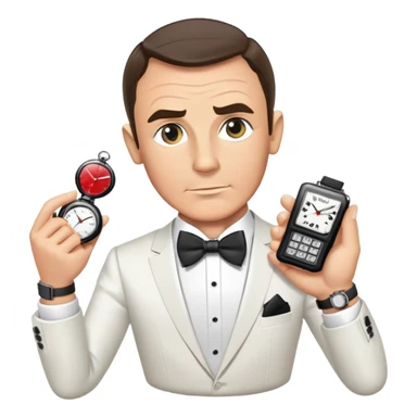 James Bond with spy gadget watch and bow tie sticker