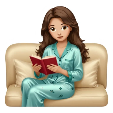 Woman with brunette hair light tanned skin reading on sofa. Long wavy hair. Beige ivory colours. Silk pyjamas. Realistic. Foxeye with lashes. Glamorous makeup sticker