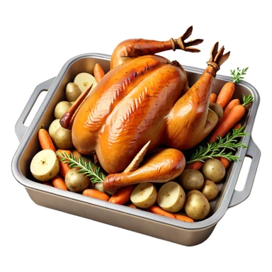 roasted turkey in a baking tray, golden brown crispy skin, whole turkey surrounded by vegetables, oven-baked meal presentation, juicy texture, warm food lighting, 3D cartoon style, mobile game icon style, centered composition, clean background, no text, no watermark
 sticker