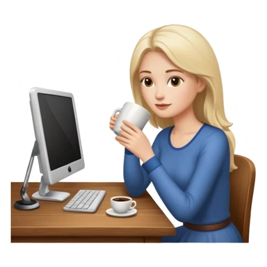 mujer blanca tomando un solo cafe y con un computador sentada en una mesa  sticker