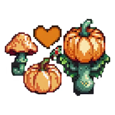 heart with a mushroom on one side and a pumpkin on the other sticker