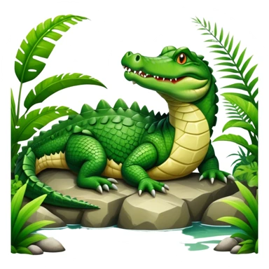 Crocodile resting, surrounded by rocks, water, and tropical plants. The green scales of the crocodile glisten under the light, with its sharp eyes focused ahead. The background features a naturalistic habitat with plants and water, giving it a lifelike feel. sticker