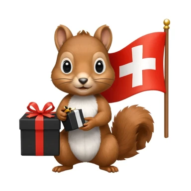 a squirrel holding a black gift box in one hand and a Swiss flag in the other, both objects clearly visible, simple white background, the gift is a different color from the flag sticker