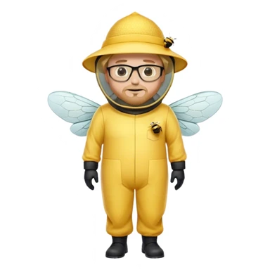 full body medium plus size male bee keeper in yellow and black with short light strawberry blonde hair and goatee wearing glasses with bee keeper hat sticker