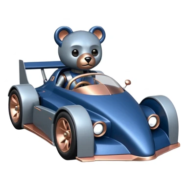  Metallic dark blue and rosegold-accented  racing car for furry-faced grey bearded evil alien scary robot teddy bear and passenger with custom aero body and rear spoiler  sticker